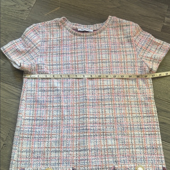 Zara |White Multicolor Pastel Tweed Fringe Frayed Hem Pearl Button Shift Dress S - Picture 9 of 15